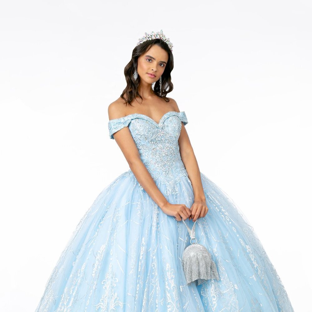 NEW LONG MESH OFF THE SHOULDER SLEEVELESS BALL GOWN WITH LACED BACK GL2910